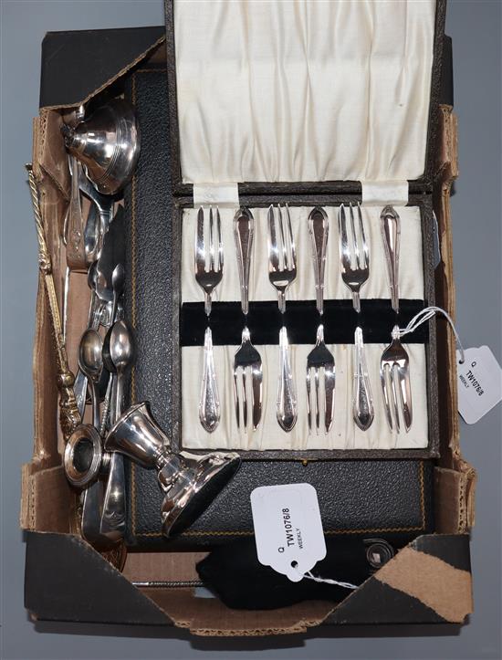 A pair of silver-mounted opera glasses (damaged) and sundry silver and plated items,